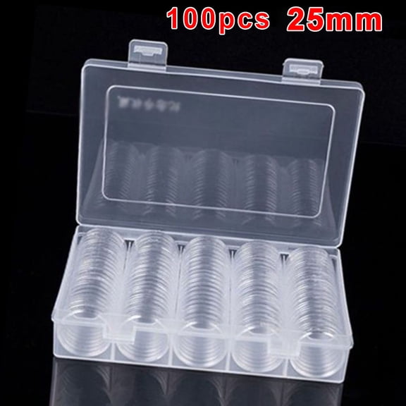 UHUSE 100pcs 25mm Clear Round Coin Capsule Container Storage Box Holder Portable Case