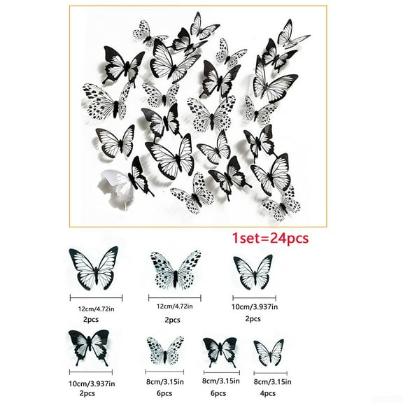 UHUSE 12/24 x 3D Butterfly Wall Stickers Black And White Home Room Decoration