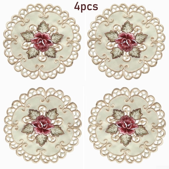 UHUSE Round Dining Table Embroidered Flower Placemat Reusable Table Decor Beige Satin Fabric 4 Count