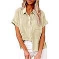 thumbnail image 1 of UHUYA Blouses for Women Fashion, Trendy Summer Cotton Linen Short Sleeve Tops Collared Shirt Casual Work Tops, Female Solid Button V-Neck Loose T-shirt Beige B XL US:10, 1 of 6