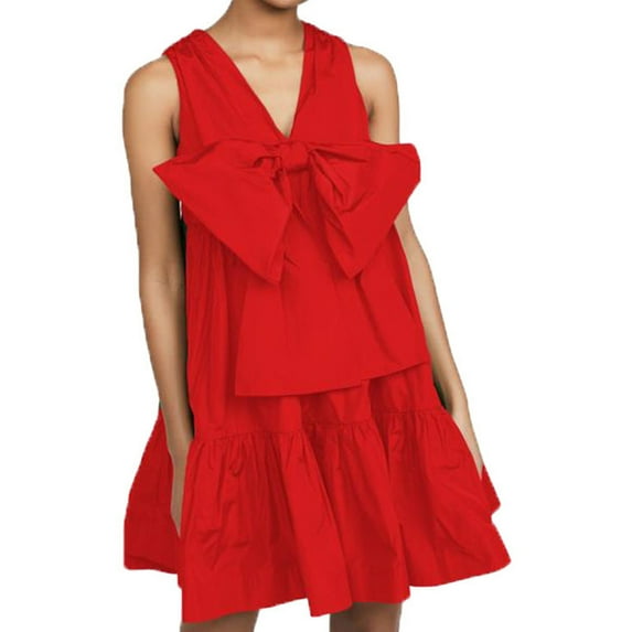 UHUYA Dresses for Women 2023 Loose Casual Sleeveless V-neck Large Bow At Chest Solid Relaxed Casual Mini Dress Red S