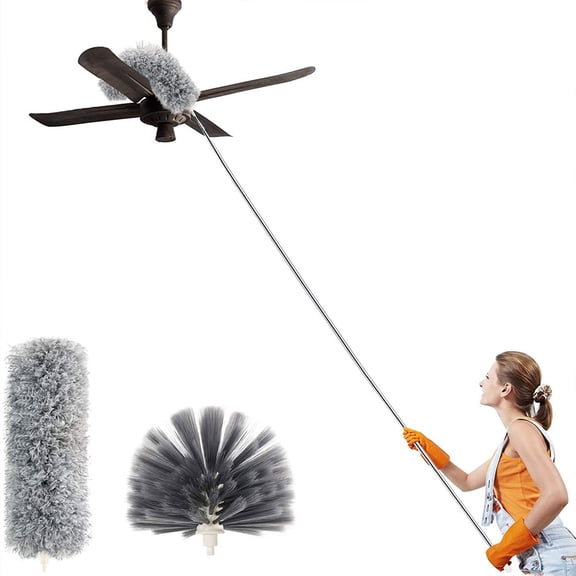 UHUYA Duster With Extension Pole(Stainless Steel), 100 In Extra Long Microfiber & Domed Cobwebs Double Replacement Heads Extendable Dusters