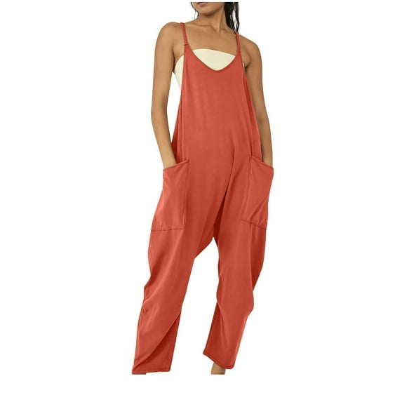 UHUYA Jumpsuits for Women Fashion Casual Cold Shoulder Jumpsuit Solid Suspender Jumpsuits Wide Pocket Leg Pant Plus Size Pants Red 3XL US:14