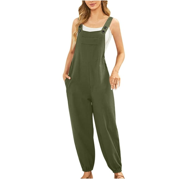 UHUYA Jumpsuits for Women Fashion Casual Cold Shoulder Solid Button Suspender Jumpsuits Wide Pocket Leg Pant Green B S US:4