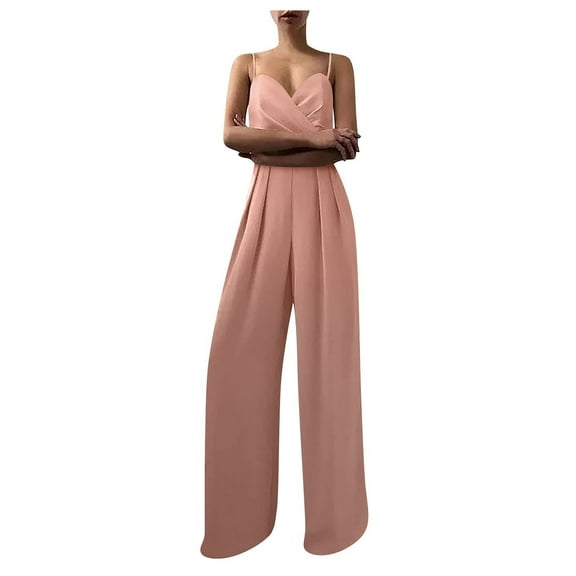 UHUYA Jumpsuits for Women Fashion Summer Solid Casual Camis Sleeveless Suspender Jumpsuit Pink S US:4