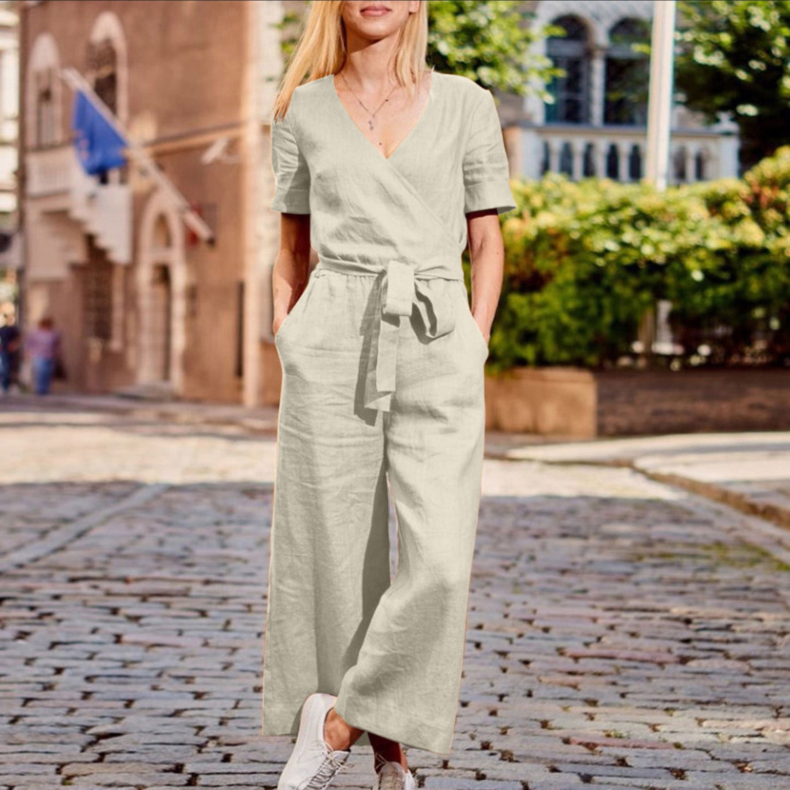 Beige linen overalls sale