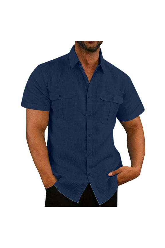 Mens Casual Button-Down Shirts, Summer Stylish Dress Shirts, Lightweight Beach Blouses, Fashion Vacation Solid Cotton Linen Double Pocket Short Sleeves Casual Shirts Navy M