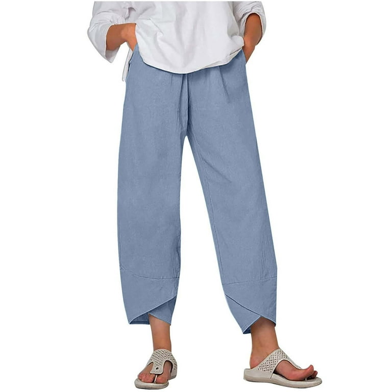 UHUYA Women Wide Leg Pants Linen Pants Women Casual Solid Pants Comfortable  Elastic High Waist Casual Beach Pants Lightweight Summer Pants Blue A 5XL