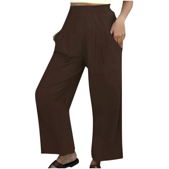 UHUYA Women Wide Leg Pants Linen Pants Fashion Women Comfortable Solid Color Leisure Pants Pockets Loose Pants Lightweight Summer Pants Coffee S US:4