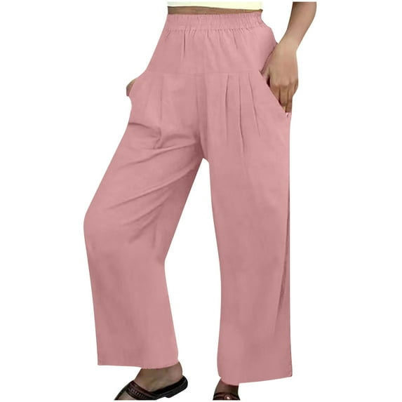UHUYA Women Wide Leg Pants Linen Pants Fashion Women Comfortable Solid Color Leisure Pants Pockets Loose Pants Lightweight Summer Pants Pink S US:4