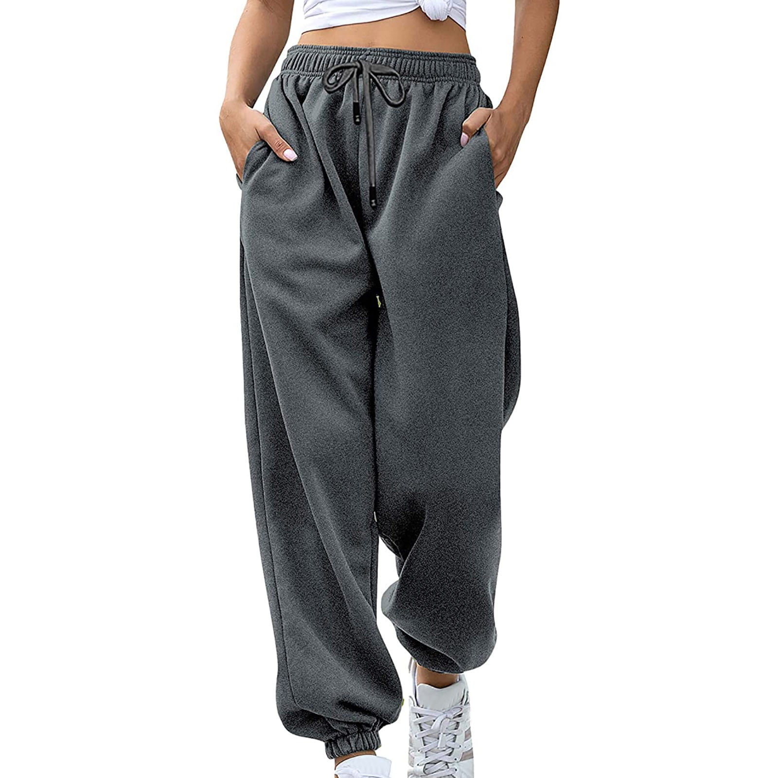 UHUYA Womens Baggy Sweatpants Fashion Casual Solid Elastic Waist Trousers  Long Straight Pants Dark Gray L US:8
