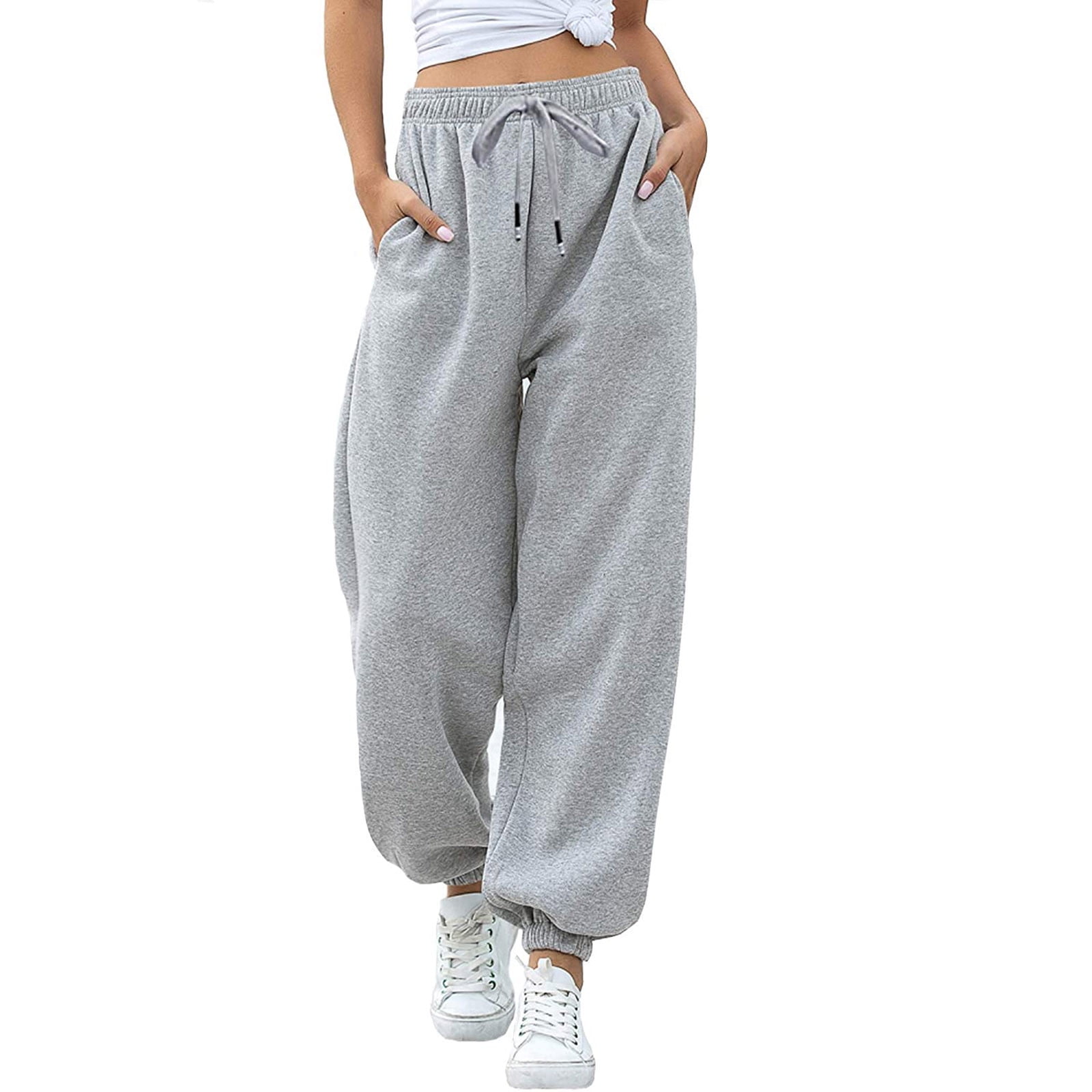 UHUYA Womens Baggy Sweatpants Fashion Casual Solid Elastic Waist Trousers  Long Straight Pants Gray XL US:10 