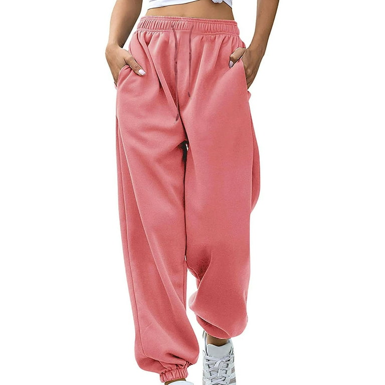 UHUYA Womens Baggy Sweatpants Fashion Casual Solid Elastic Waist Trousers  Long Straight Pants Pink A M US:6 