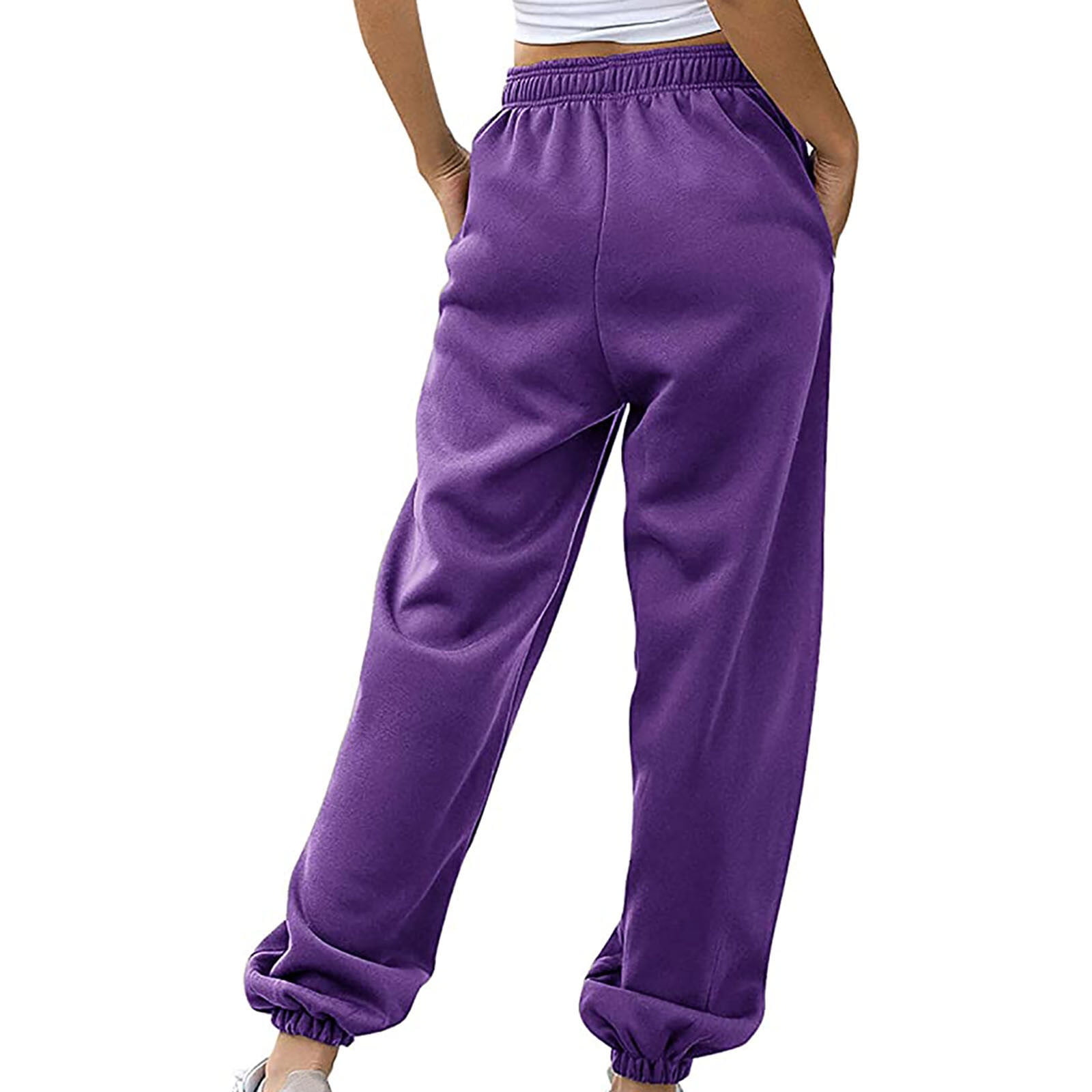 UHUYA Womens Baggy Sweatpants Fashion Casual Solid Elastic Waist Trousers  Long Straight Pants Purple S US:4 