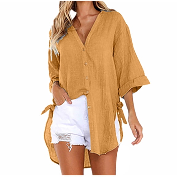 UHUYA Womens Button down Tops Dressy Casual Blouses Elegant Work Tops Fashion Solid V-Neck Short Sleeve Loose T-Shirt Pullover Tops Yellow L US:8