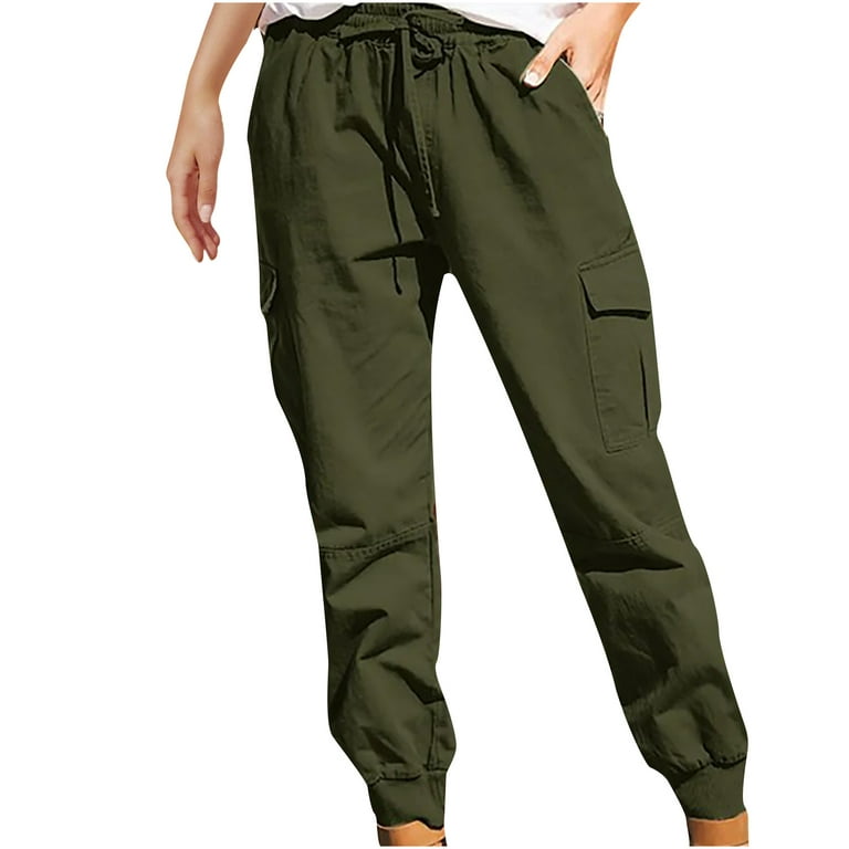 UHUYA Womens Cargo Pants Fashion Plus Size Drawstring Casual Solid Elastic  Waist Pocket Loose Pants Army Green B S US:4 