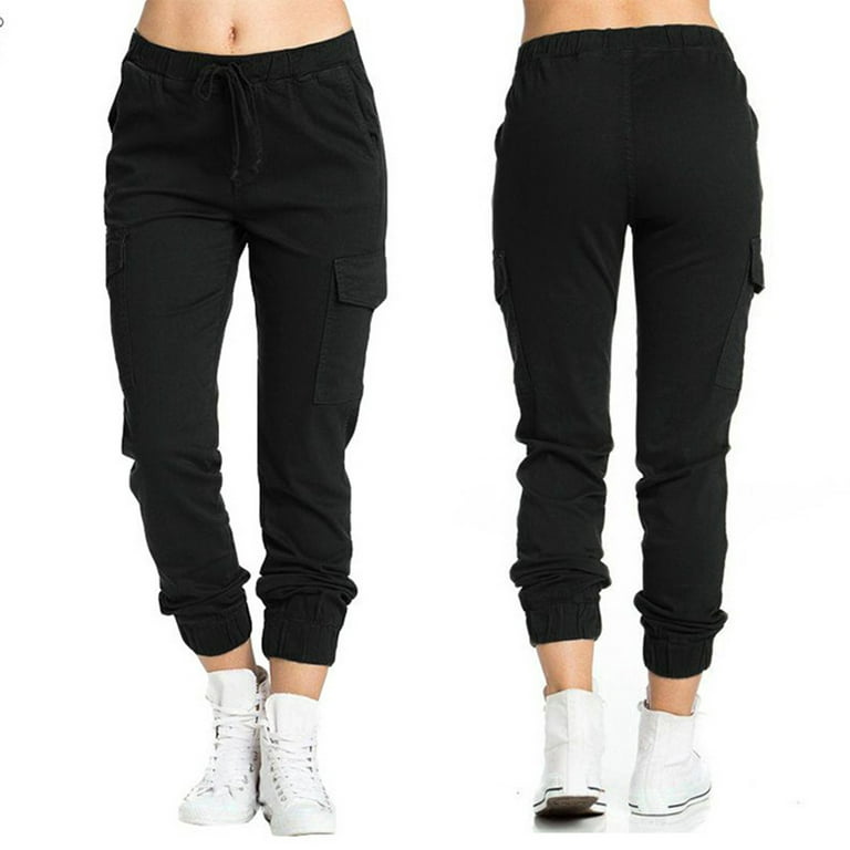 UHUYA Womens Cargo Pants Fashion Plus Size Drawstring Casual Solid Elastic  Waist Pocket Loose Pants Black B M US:6