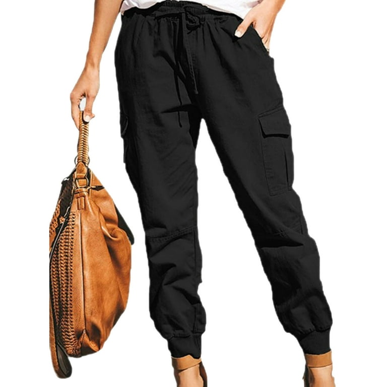 UHUYA Womens Cargo Pants Fashion Plus Size Drawstring Casual Solid Elastic  Waist Pocket Loose Pants Black C L US:8 