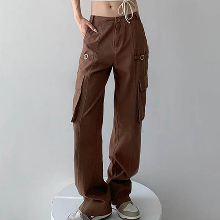 UHUYA Womens Cargo Pants Retro Overalls Spring And Autumn New Fashion Hot  Girl Loose High Waist Multi-Pocket Casual Straight Pants Coffee S US:4