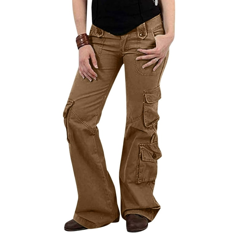 UHUYA Womens Cargo Pants Solid Pants Hippie Punk Trousers Streetwear Jogger  Pocket Loose Overalls Long Pants Brown XL US:10