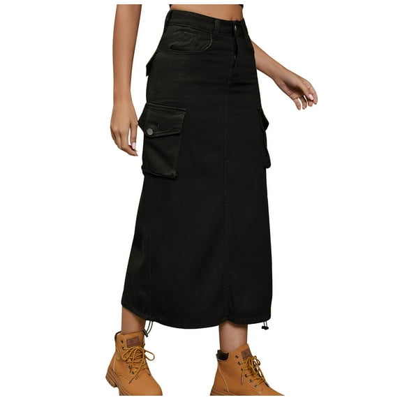 UHUYA Womens Cargo Skirt Midi Long Skirts High Waisted Pencil Skirt Maxi Cargo Skirt Spring and Summer Denim Work Dress Pocket Skirt Casual Mid-length Skirt Black A XXL