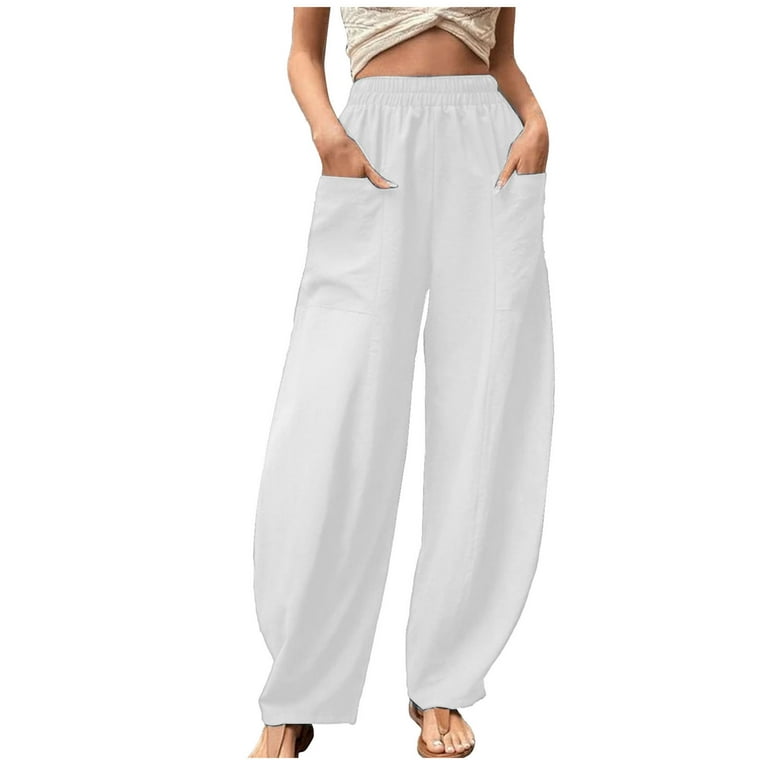 UHUYA Womens Casual Pants High Elastic Waisted Trousers Loose Baggy Pocket  Pants Fashion Playsuit Overalls Cotton and Linen Pants White XXL US:12 