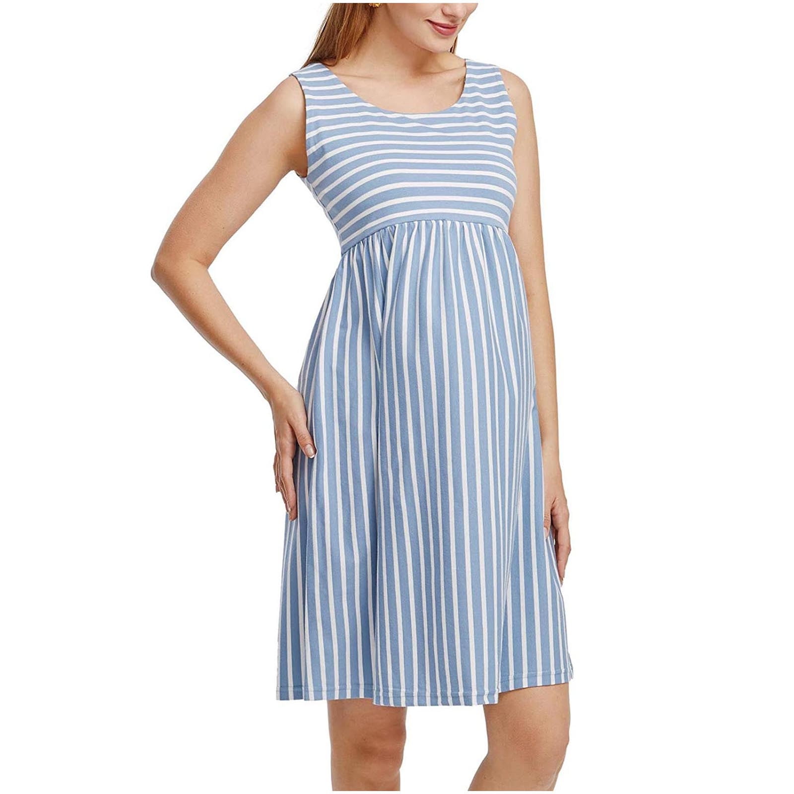 UHUYA Womens Maternity Nursing Dresses for Breastfeeding ONeck Stripe Sleeveless Pregnant Dress