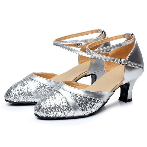 UHUYA Womens Sandals Square Toe Block Heels Sandals Ballroom Tango Latin Dancing Shoes Sequins Shoes Social Dance Shoe Silver 39