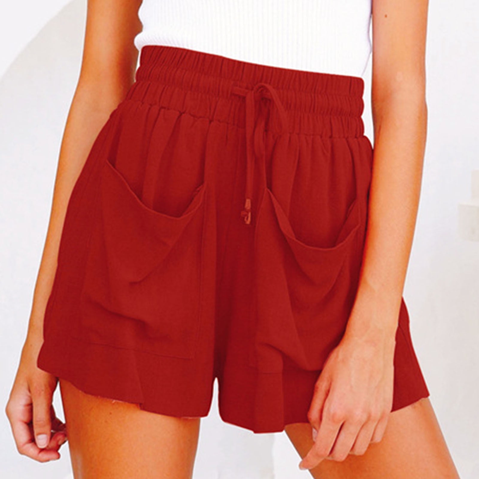 UHUYA Womens Shorts Drawstring Cotton And Linen Elastic Waist Pocket Solid  Shorts Pants Red XL US:10 
