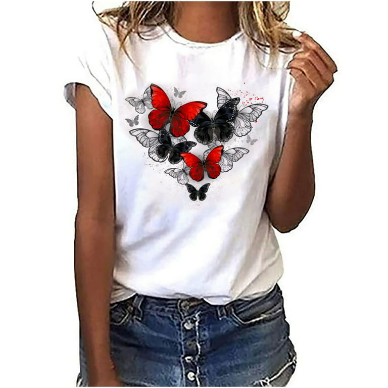 UHUYA Womens Tops Mothers Day Gifts Funny Butterfly Print Employee Work  Colleague Office T-Shirt White XXL US:12 