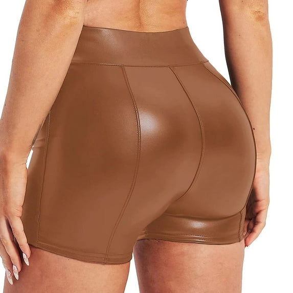 UHYARE Women's Flexible Club Faux Leather Shorts High Waisted Sexy Disco Short Hot Pants(Brown,S)