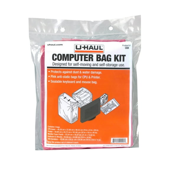 UHaul Computer Anti Static and Protective 5 Bag Kit Prevents Dust and Water Damage with Foam Monitor Pouch that fits up to 19" for Moving and Storage
