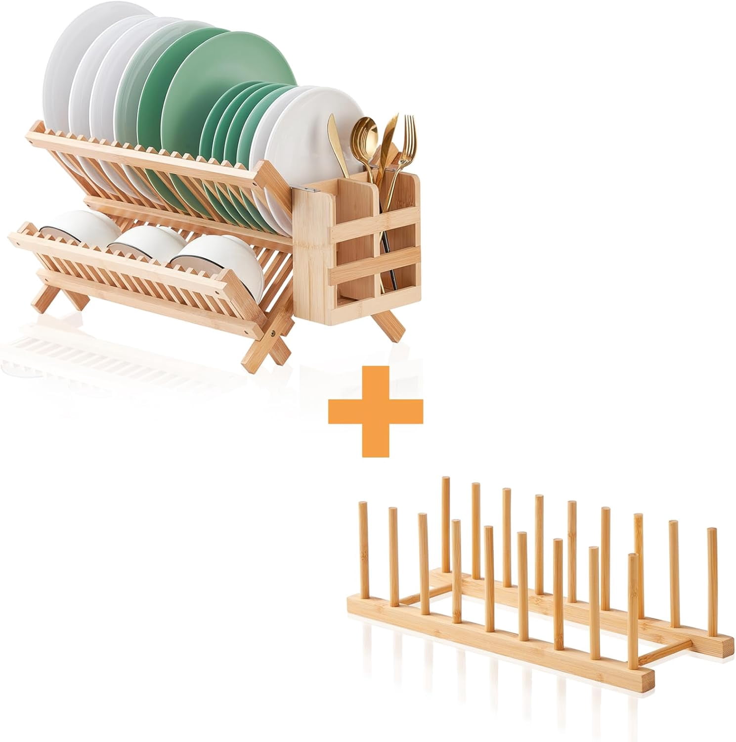 Collapsibe Plate Rack UIGYIBOR 2 Pack Bamboo Dish Drying Rack 2 Tier Collapsible Dish Rack ...