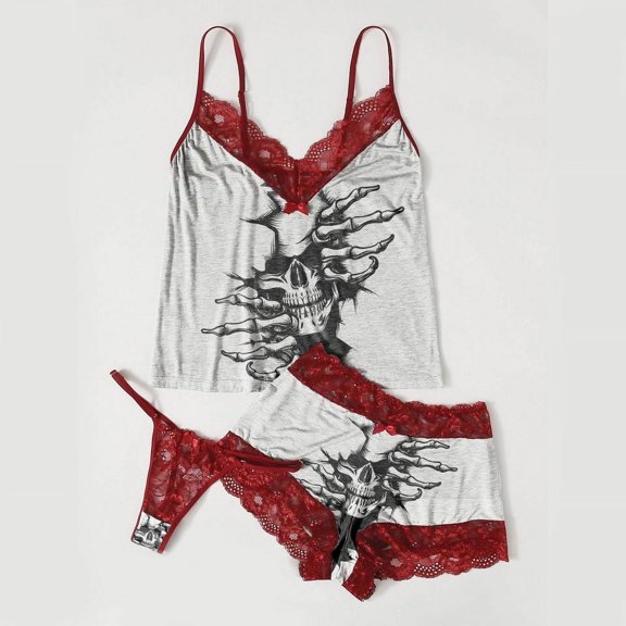 UIONEN Women Sexy Lace Cami Pajama Set Tank and Shorts With Thongs S