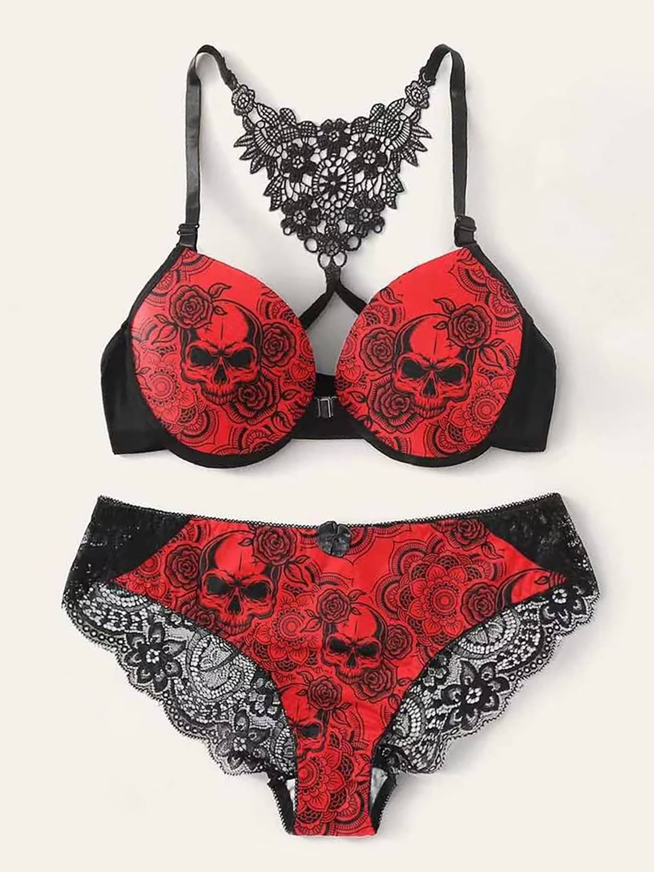 UIONEN Women's 2 Piece Sexy Lace Strap Bra and Panty Lingerie Set Red Skull  Size M 