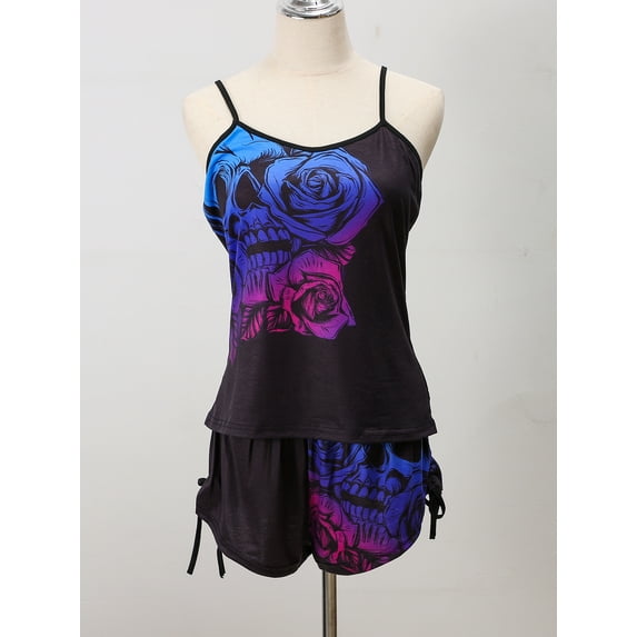 UIONEN Women's 2 Piece Sleeveless Tank Tops and Shorts Pajamas Set Colorful Skull Size S