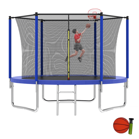 UIOWIO 10 ft Recreational Trampoline for Kids and Adults Outdoor Trampoline with Basketball Hoop Backyard Trampoline for 1-2 Adults & Toddler with Ladder,Enclosure Net,Blue