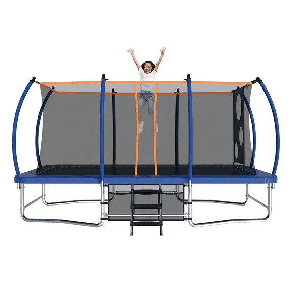 UIOWIO 10 x 16ft Rectangle Trampoline for Kids,Outdoor Rectangular Recreational Trampoline,Backyard Trampoline with Ladder, Storage Bag, Enclosure Net,Soccer Shot Blue