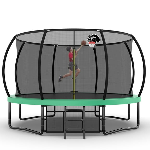 UIOWIO 12 ft Pumpkin Recreational Trampoline for Kids and Adults Outdoor Trampoline with Basketball Hoop Toddler Backyard Trampoline with Ladder,Enclosure Net,Storage Bag,Green