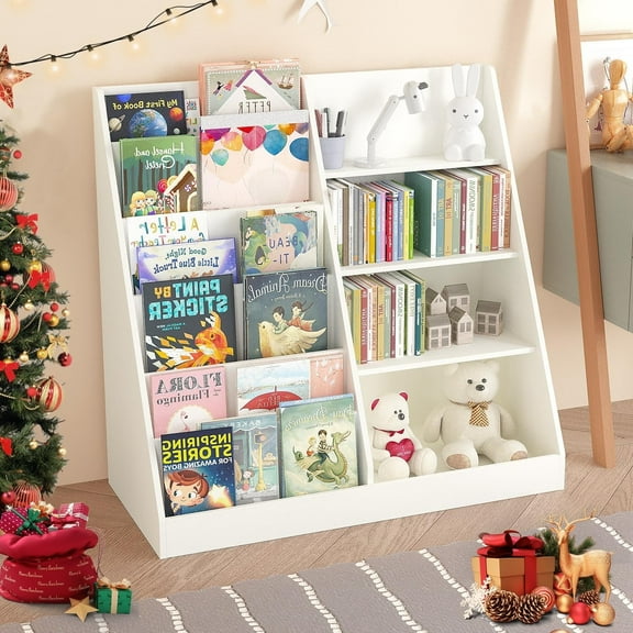 UIOWIO Kids Bookshelf and Toy Storage Organizer Bookcase with Cube Storage,4 Tier Wooden Bookshelf with Display Stand for Kids Room Playroom, Ivory