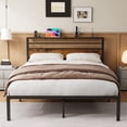 thumbnail image 1 of UIOWIO Queen Metal Bed Frame with Wood Headboard & Storage Shelves & LED Lights, Bed Frame with Storage & Charging Station, No Box Spring Needed, Easy Assembly, 1 of 8