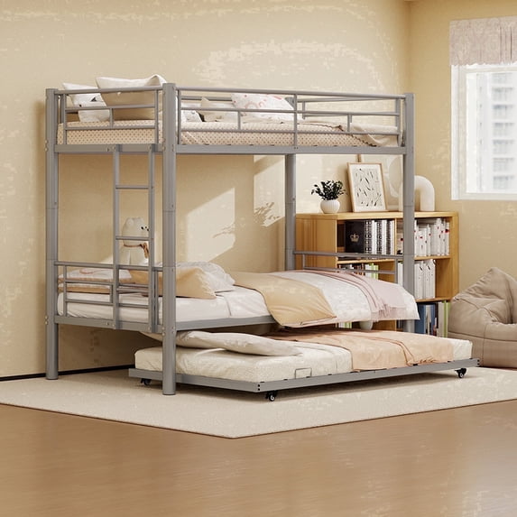 UIOWIO Triple Bunk Bed Twin over Twin with Trundle, Includes 3 Twin Size 6" Green Tea Memory Foam Mattresses, Convertible Metal Frame with Ladder and Guardrail, for Teens and Adults, Silver