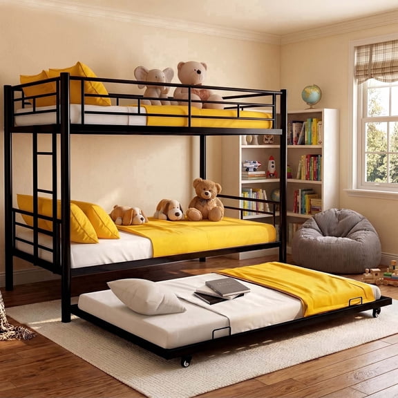 Kdymod Triple Bunk Bed Twin over Twin with Trundle, Includes 3 Twin Size 6" Green Tea Memory Foam Mattresses, Convertible Metal Frame with Ladder and Guardrail, for Teens and Adults, Black
