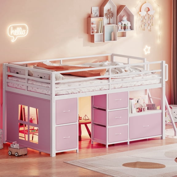 Kdymod Twin Loft Bed with 6 Storage Drawers & Shelf, Loft Bed with LED Lights & Play Curtain, Metal Loft Bed Frame with Ladder & Safety Guardrail, Pink