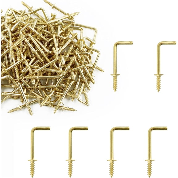 UITBDWR-150PCS Mini Right Angle Screw Hook - 3/4 Inch Brass Plated L Hook, Square Bend, Gold Mini Shoulder Self-Tapping Screws