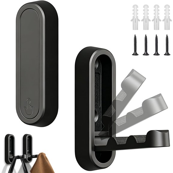 UITBDWR-2PCS Foldable Wall Hooks, Heavy Duty Zinc Alloy Retractable Wall Hook, Space Saving Flip Down Hooks for Hanging Coats, Towels, Backpacks, Hats in Bedroom, Bathroom, Entryway (Black)