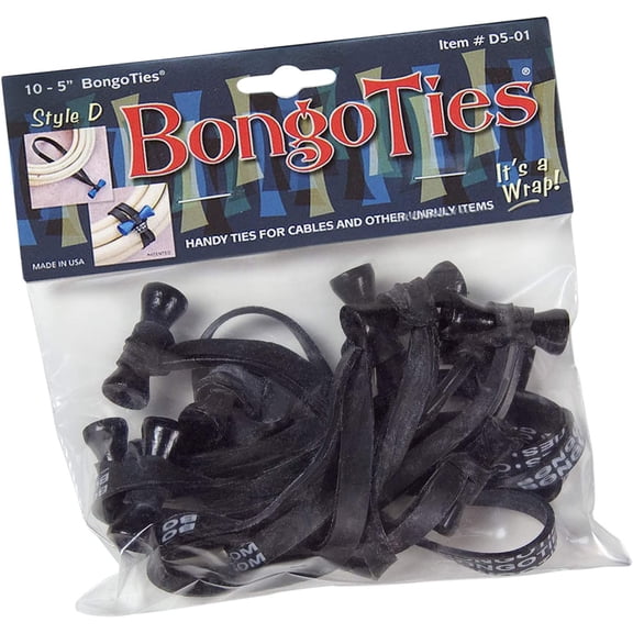 UITBDWR-ALL-BLACK "Obsidian" Bongo Ties - 10 Pack "Style-D" ~ Professional cable ties made of natural rubber and bamboo ~ HANDY TIES FOR CABLES AND OTHER UNRULY ITEMS