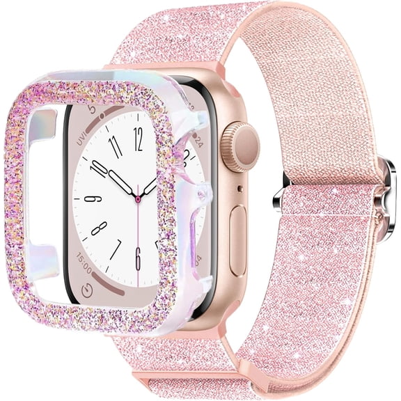 UITBDWR-Bling Stretchy Band with Bling Case Fit Apple Watch Bands for Women 44mm, Elastic Sport Solo Loop iWatch Bands for Cute iPhone Watch Series 6 5 4 SE-Pink Nylon Band+Sparkly Pink Cover