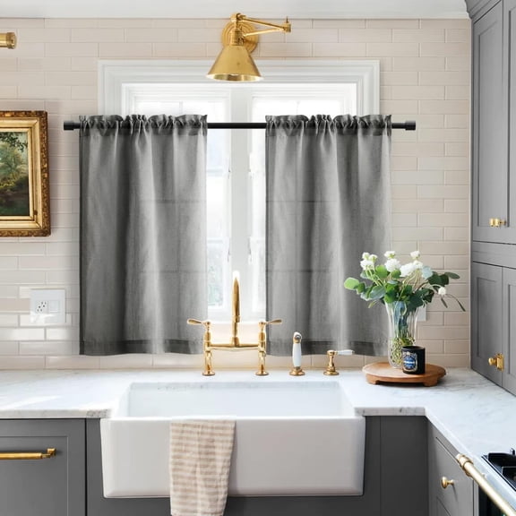 UITBDWR-Dark Grey Bathroom Window Curtains, Small Linen Semi Sheer Cafe Tier for Kitchen Half Windows, 24 Inch Length