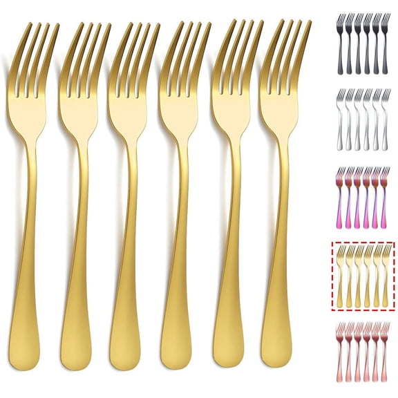 UITBDWR-Gold Dinner Forks - 6 Piece Set, Stainless Steel, 8.17 Inch, Titanium Plated Wedding Silverware